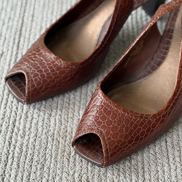 Vintage Axcess Liz Claiborne Brown Croc Leather Peeptoe Slingback Heels Size 9 - Picture 5 of 12